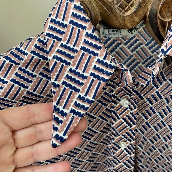 Vintage 70s Cricket Lane Brown Blue Dagger Collar Polyester Button Front Shirt - Picture 3 of 6